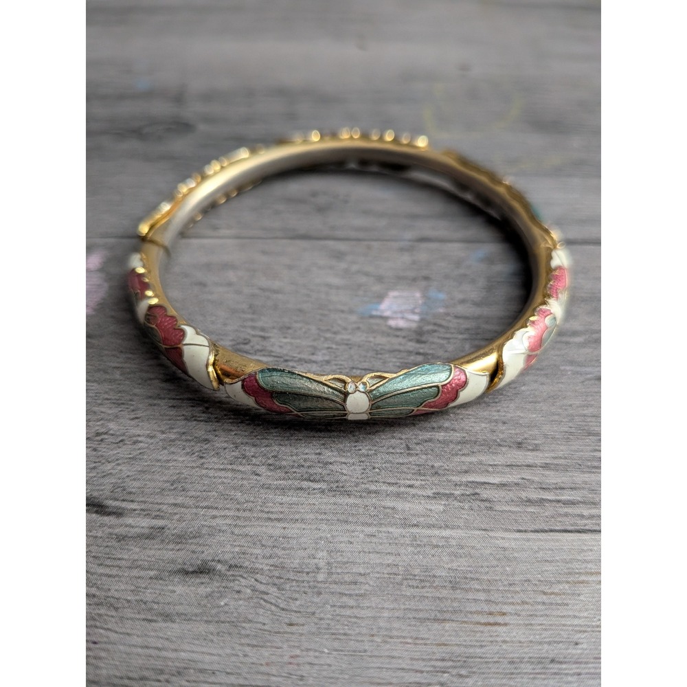 Vintage Cloisonne Enamel Butterfly Bangle Bracelet Gold Tone Hinged Floral Green